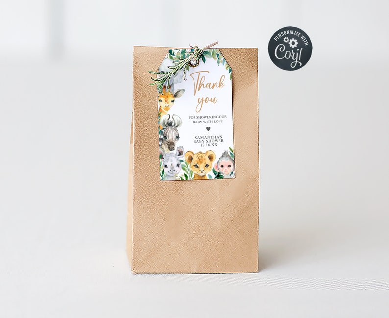 Editable A Little Wild One Baby Shower Favor Tag, Jungle Safari Baby Shower Gift Tag, Greenery Safari Animals Baby Shower Thank You Tag 0601 image 1