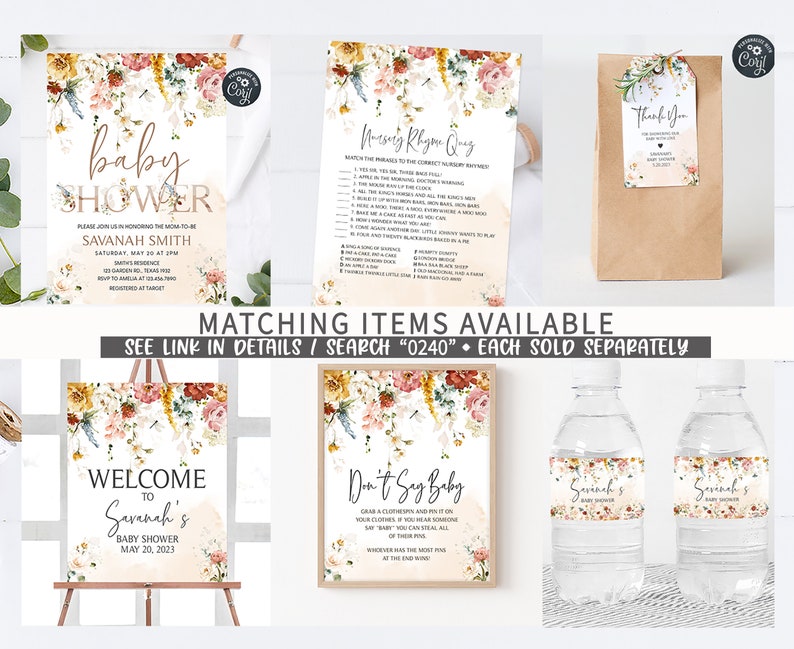 Pu&ograve; includere: Un set di decorazioni per baby shower stampabili a tema floreale. Il set include un cartello di benvenuto, un cartello "non dire baby", un invito a baby shower, un gioco di rime per l'allattamento, un'etichetta di ringraziamento e etichette per bottiglie d'acqua. Il design floreale presenta fiori rosa, arancioni e gialli con foglie verdi.