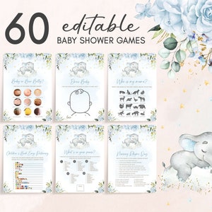 Editable Blue Elephant Baby Shower Games Bundle, Blue Floral Elephant Baby Shower Game Pack, Blue Flowers Boy Baby Shower Game Template 0636 image 1