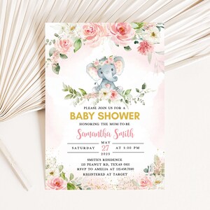 Blush Boho Elephant Baby Shower Invitation, Tropical Pink Floral ...