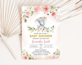 May include: A pink and white baby shower invitation with a watercolor illustration of a gray elephant wearing a floral crown. The text reads "Please join us for a Baby Shower honoring the mom-to-be Samantha Smith Saturday May 27 at 3:00 PM 2023 Smith's Residence 123 Peanut Rd, Texas 0921 RSVP to Amelia at 123.456.7890 Registered at Target"