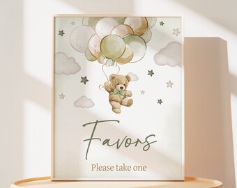 Gender Neutral Bear Baby Shower Favors Sign, We Can Bearly Wait Baby Shower Favors Table Sign, Green Bear Balloons Favor Decor Signs, 0604