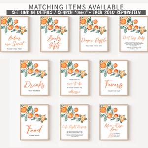 May include: Printable signs for a baby shower with a citrus theme. The signs feature watercolor illustrations of orange branches with leaves and fruit. The signs include text such as "Babies are Sweet", "Books & Gifts", "Diaper Raffle", "Don't Say Baby", "Drinks", "Help the Mom-to-be", "Favors", "Food", "Late Night Diapers", and "Mom-osa Bar".