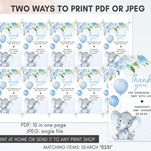 May include: Ten blue and white thank you tags with an elephant holding balloons. The text on the tags reads "Thank you for showering our baby with love, Madison's Baby Shower, 03.18.23".