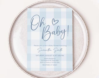 Bewerkbare blauwe pastel babyshower uitnodiging, klassieke pastel jongen babyshower uitnodiging, minimalistische Oh baby picknick babyshower uitnodigen 01090