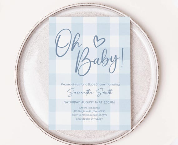 Editable Blue Gingham Baby Shower Invitation, Classic Gingham Boy Baby Shower Invitation, Minimalist Oh Baby Picnic Baby Shower Invite 01090