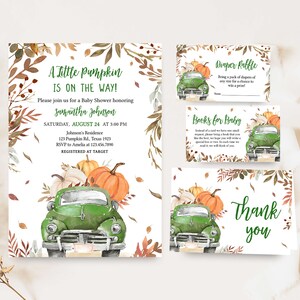 Editable Fall Pumpkin Truck Baby Shower Invitation Bundle, Gender Neutral Autumn Baby Shower Invite Set, Green Pickup Truck Baby Shower 0895