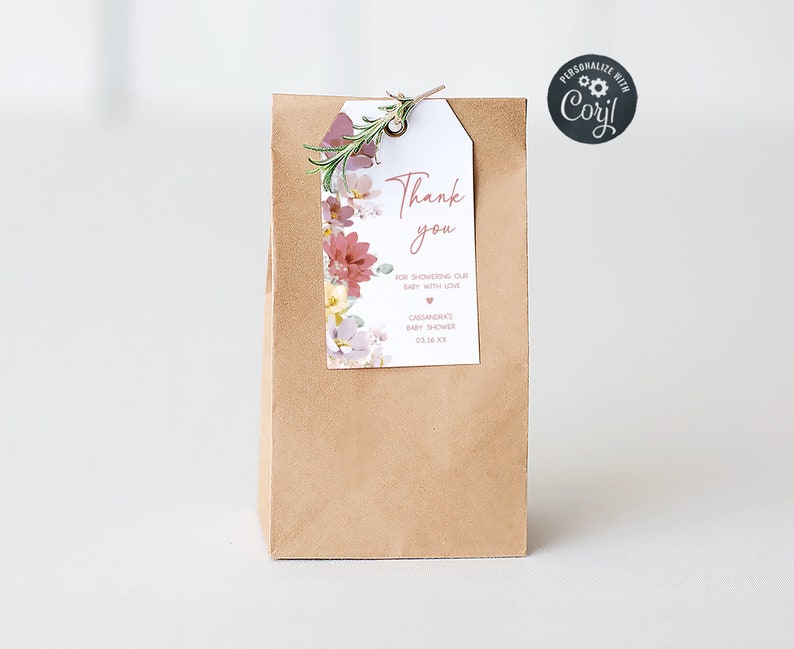 Editable Baby in Bloom Baby Shower Favor Tags, Spring Flowers Baby Shower Gift Tag, Pink Florals Girl Baby Shower Thank You Favor Tags, 0613 image 1