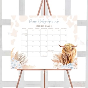Bearbeitbarer Boho Highland Cow Babyparty Fälligkeitsdatumskalender, Blauer Heiliger Kuh Babypartykalender, Junge Highland Kuh Boho Babypartyspiel, 0505