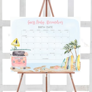 Bearbeitbarer Baby an Bord-Babyparty-Fälligkeitskalender, Mädchen-Strand-Babypartykalender, Surf-Baby-Geburtstagsvorhersage-Sommervorlage 0272