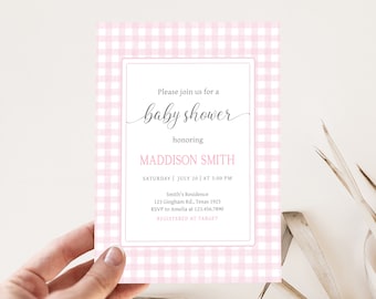 Editable Pink Gingham Baby Shower Invitation, Girl Picnic BBQ Baby Shower Invite, Backyard Baby-Q Baby Shower Invitation Template, 0777
