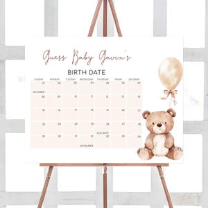 Bearbeitbarer minimalistischer Teddybär-Babyparty-Fälligkeitsdatumskalender, Wir können Bären-Babypartykalender-Bär-Ballon-Geburtstagsvorhersage 01037