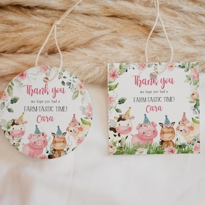Étiquettes modifiables de faveur d'anniversaire de ferme, étiquettes de cadeau d'anniversaire de basse-cour rose de fille, fleurs de premier anniversaire de fête d'anniversaire d'animaux de ferme de ferme Merci étiquette déco 321BD