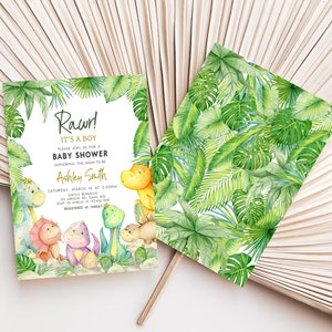Editable Dinosaur Baby Shower Invitation Bundle, Greenery Dino Baby Shower Invite Set, Baby Dinosaur It's A Boy Baby Shower Invitation, 0680 image 2