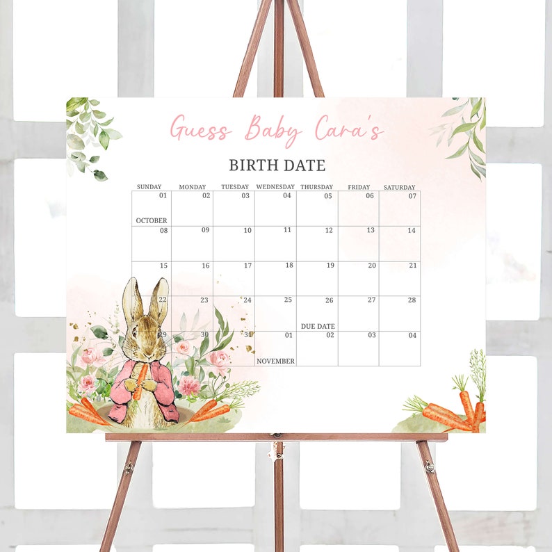 Editable Pink Peter Rabbit Baby Shower Due Date Calendar, Peter Rabbit Girl Baby Shower Calendar, A Little Bunny Spring Baby Shower, 0626 image 1