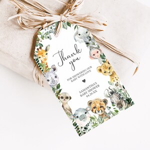 Edytowalna etykieta Safari Baby Shower Favor, słodka etykieta Baby Shower dla chłopca w dżungli, etykieta z podziękowaniami dla chłopca w zielonym safari Animal Baby Shower 0678 zdjęcie 3