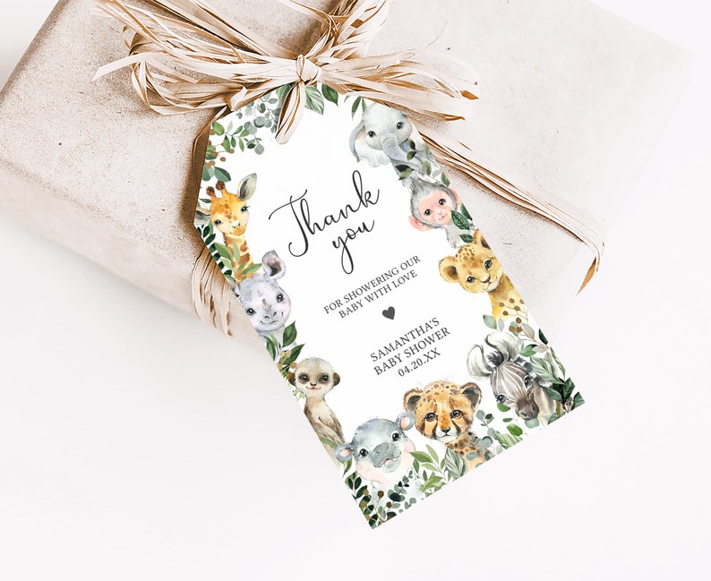 Edytowalna etykieta Safari Baby Shower Favor, słodka etykieta Baby Shower dla chłopca w dżungli, etykieta z podziękowaniami dla chłopca w zielonym safari Animal Baby Shower 0678 zdjęcie 3