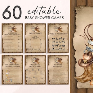 Editable A Little Cowboy Baby Shower Games Bundle, Rustic Western Baby Shower Game Pack, Wild West Country Rodeo Baby Shower Games, 01086