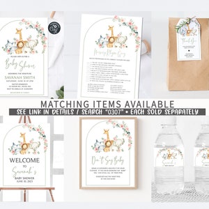 May include: A set of printable baby shower decorations featuring a jungle animal theme. The decorations include a welcome sign, a game card, a favor bag, and water bottle labels. The design features a giraffe, a lion, an elephant, and a monkey in a watercolor style with pink flowers and greenery.