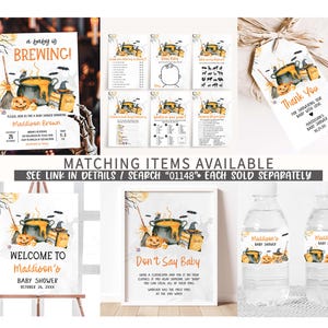 various Halloween-themed items, including a baby shower invitation, a thank you card, and a set of matching items available for purchase.