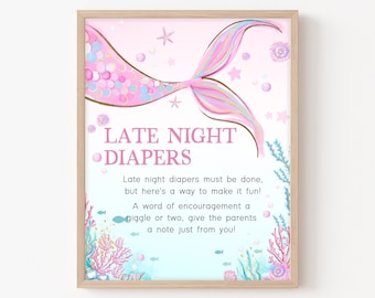 Late Night Windeln Zeichen Meerjungfrau Baby-Dusche unter dem See Mädchen-Baby-Dusche-Windel Gedanken Zeichen rosa lila Meerjungfrau Printable Vorlage 0268