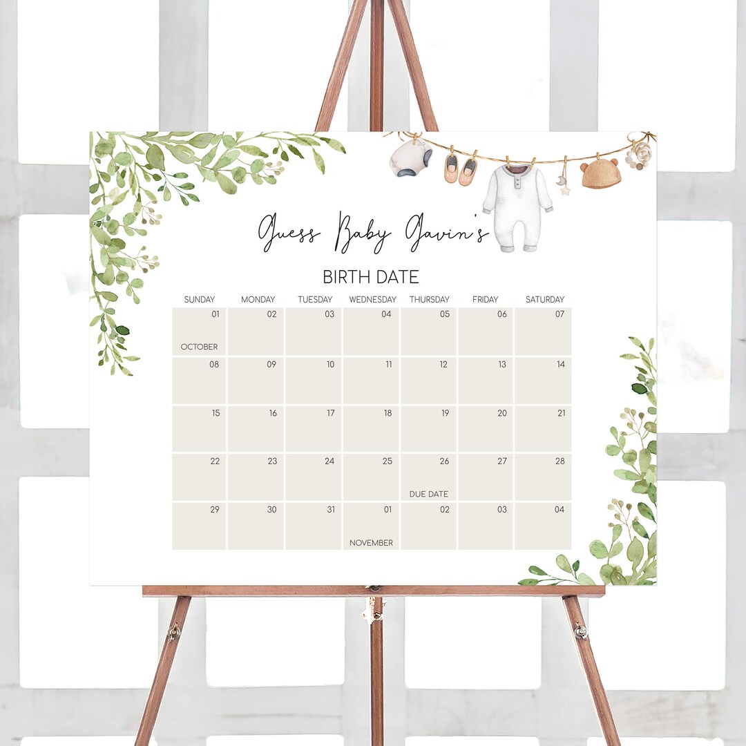 Editable Baby Clothes Baby Shower Due Date Calendar, Boho Baby Shower