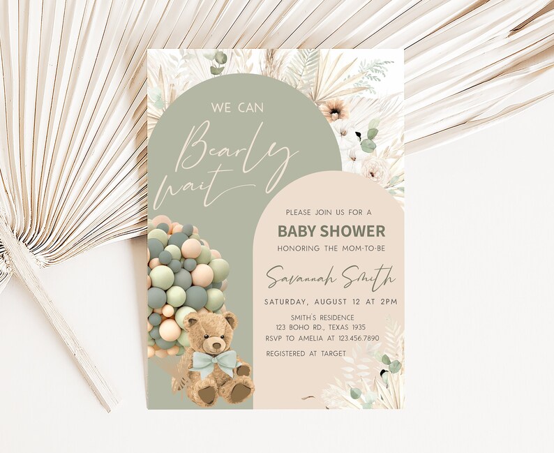Editable We Can Bearly Wait Baby Shower Invitation Boho Teddy Bear Baby ...