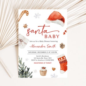 Bewerkbare Santa baby shower uitnodiging, kerst baby shower uitnodiging, genderneutrale Winter Wonderland baby shower uitnodiging sjabloon, 0567 afbeelding 1