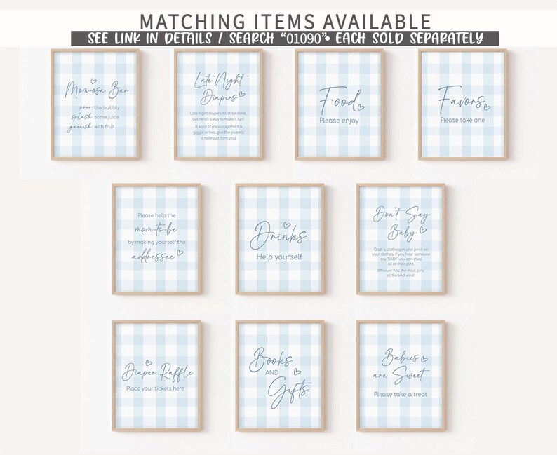 a set of nine blue and white gingham style wedding cards