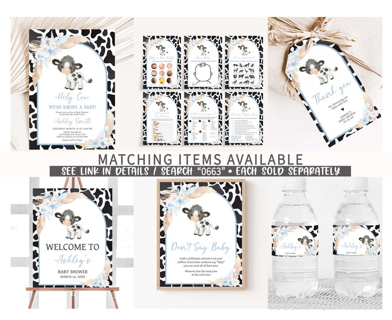 May include: A set of printable baby shower decorations featuring a cute cartoon cow with blue and white spots. The decorations include a welcome sign, a don't say baby sign, a thank you tag, and water bottle labels. The design features a black and white cow print background with blue and white floral accents.