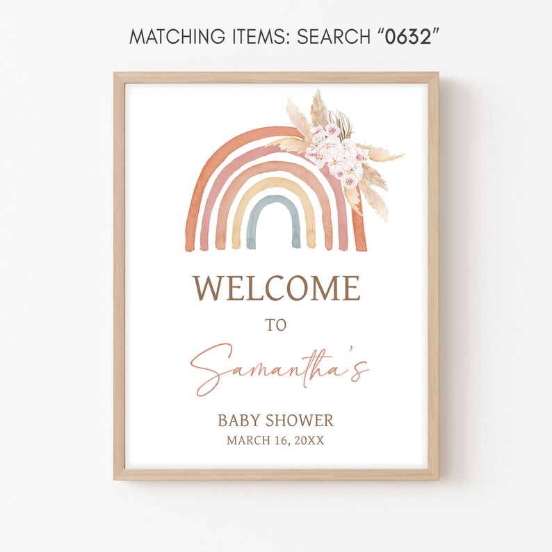 Editable Boho Rainbow Baby Shower Signo de bienvenida, Pink Pampas Grass Boho Rainbow Baby Shower Cartel de bienvenida, Girl Rainbow Baby Shower, 0632 imagen 3
