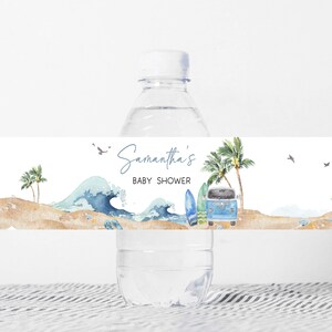 Etiquette modifiable pour biberon bébé à bord, étiquettes d'eau pour baby shower plage surf, sticker bouteille d'eau été surf garçon rétro, 0709