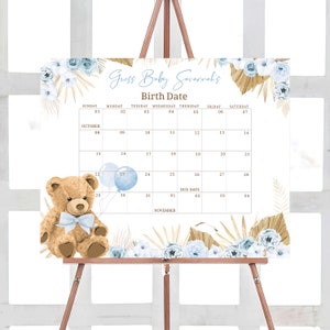 Bearbeitbarer Boho Bär Babyparty Fälligkeitsdatumskalender, wir können kaum warten Babypartykalender, blaue Pampasgras-Geburtstagsvorhersage 0420