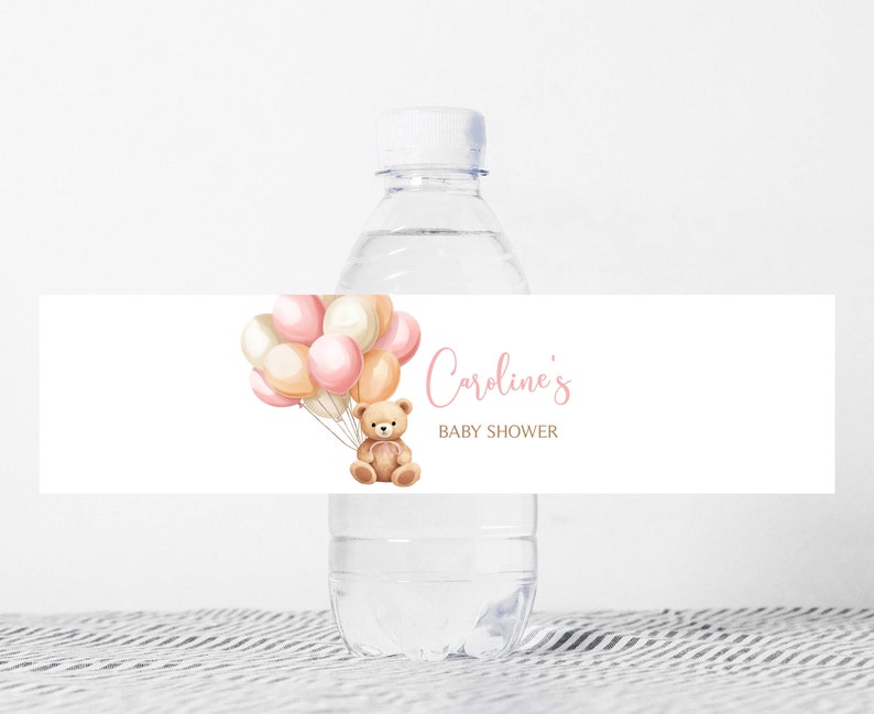 Editable Boho Bear Baby Shower Bottle Label, Pink Balloon Baby Shower Water Label, We Can Bearly Wait Baby Shower Water Bottle Sticker, 0673 image 1