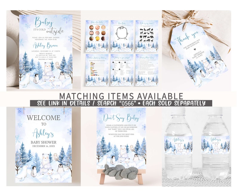 Editable Winter Arctic Animals Baby Shower Due Date Calendar, Blue Baby it's Cold Outside Baby Shower Calendar, Boy Winter Baby Shower 0566 image 2