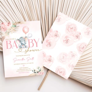 Editable Boho Elephant Baby Shower Invitation, Girl Pink Elephant Baby Shower Invite, Pink Floral Pampas Grass Baby Shower Invitation, 0619 image 2