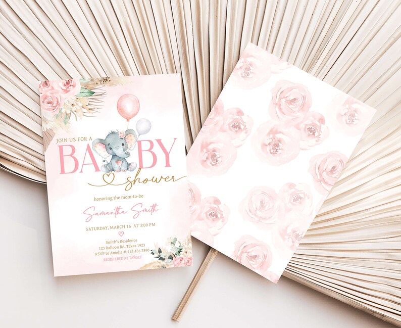 Editable Boho Elephant Baby Shower Invitation, Girl Pink Elephant Baby Shower Invite, Pink Floral Pampas Grass Baby Shower Invitation, 0619 image 2