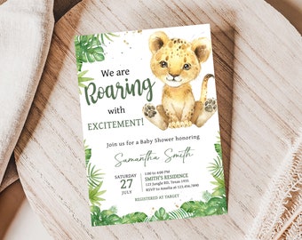 Editable Lion Baby Shower Invitation, Tropical Lion Safari Baby Shower Invite, Roaring With Excitement Baby Shower Invitation Template, 0736