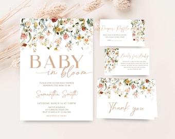 Paquete editable de invitación de baby shower de bebé en flor, conjunto de invitación de baby shower floral de primavera boho, invitación de baby shower de primavera de flores silvestres, 0659