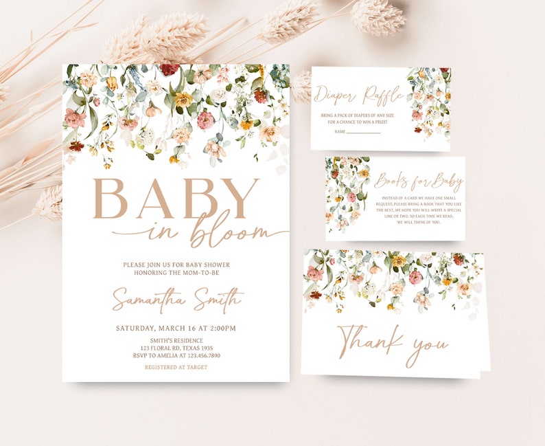 May include: A floral baby shower invitation with the text "Baby in Bloom" and the name "Samantha Smith". The invitation includes the date, time, and location of the shower, as well as the RSVP information. The invitation is decorated with a floral border.