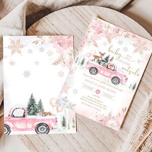 Bewerkbare roze winter bos baby shower uitnodiging bundel, meisje bos winter baby shower uitnodiging set, roze baby het is koud buiten, 0529 afbeelding 2