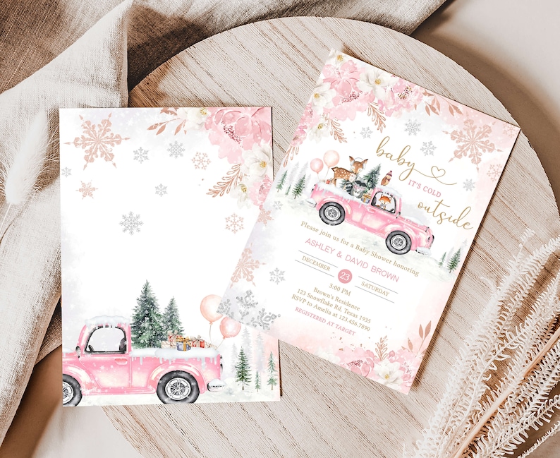 Bewerkbare roze winter bos baby shower uitnodiging bundel, meisje bos winter baby shower uitnodiging set, roze baby het is koud buiten, 0529 afbeelding 2