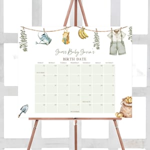 Bearbeitbarer lokal angebauter Babyparty-Fälligkeitskalender, Bauernmarkt-Babypartykalender, einheimisches Obstgemüse-Fälligkeitsdatumsplakat, 01081