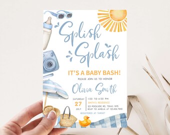 May include: A blue and white baby shower invitation with a watercolor illustration of a sun, a beach umbrella, a camera, a bottle, a straw hat, a basket, and a rubber duck. The text reads "Splish Splash It's a Baby Bash! Please join us to honor Olivia Smith Saturday July 27 1:00 to 4:00 PM Smith's Residence 123 Poolside Rd, Texas 1935 RSVP to Amelia at 123.456.7890 Registered at Target"