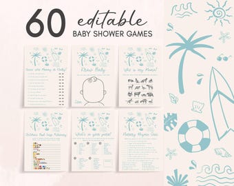 Editable Blue Baby on Board Baby Shower Games Bundle, Boy Beach Summer Baby Shower Game Pack, Beach Surfing Baby Shower Game Template, 01050