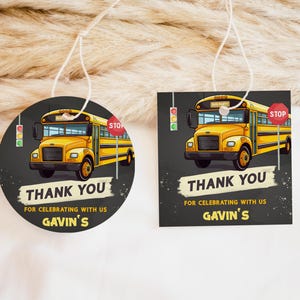 Editable School Bus Birthday Round Favor Tag, Yellow School Bus Birthday Tag, Wheels on the Bus Gift Tags, VIP Party School Bus Tag, 84BD