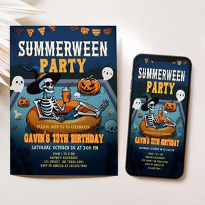 a Halloween-themed invitation for a summer party, with a skeleton wearing a witch's hat sitting on a pumpkin and holding a cup of a beverage. The invitation is for Gavin's 13th birthday party, which is scheduled for Saturday, October 26th at 3:00 PM. The invitation is for a party from 1 to 5 PM, with a total of 12 guests, and will be held at Brown's residence in Scobie, Texas. The invitation is for Gavin's 13th birthday party and will be held at Brown's residence in Scobie, Texas at 3:00 PM.
