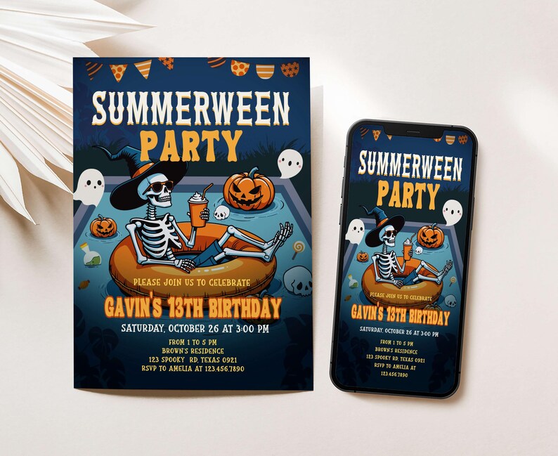 a Halloween-themed invitation for a summer party, with a skeleton wearing a witch's hat sitting on a pumpkin and holding a cup of a beverage. The invitation is for Gavin's 13th birthday party, which is scheduled for Saturday, October 26th at 3:00 PM. The invitation is for a party from 1 to 5 PM, with a total of 12 guests, and will be held at Brown's residence in Scobie, Texas. The invitation is for Gavin's 13th birthday party and will be held at Brown's residence in Scobie, Texas at 3:00 PM.