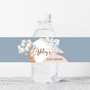 Editable Bear Baby Shower Bottle Label, We Can Bearly Wait Boho Baby Shower Water Labels, Blue Balloon Arch Boy Water Bottle Stickers, 0690 image 1