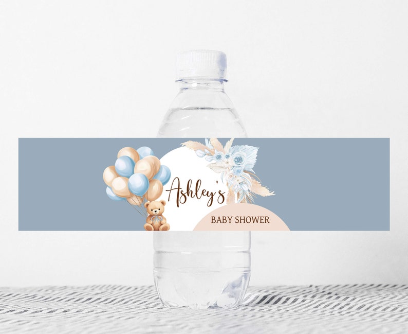 Editable Bear Baby Shower Bottle Label, We Can Bearly Wait Boho Baby Shower Water Labels, Blue Balloon Arch Boy Water Bottle Stickers, 0690 image 1